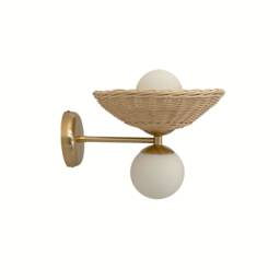 Minimal Rattan Globe Sconce Double Light Modern Rustic Lighting Brass Wall Lamp - thumbnail 3