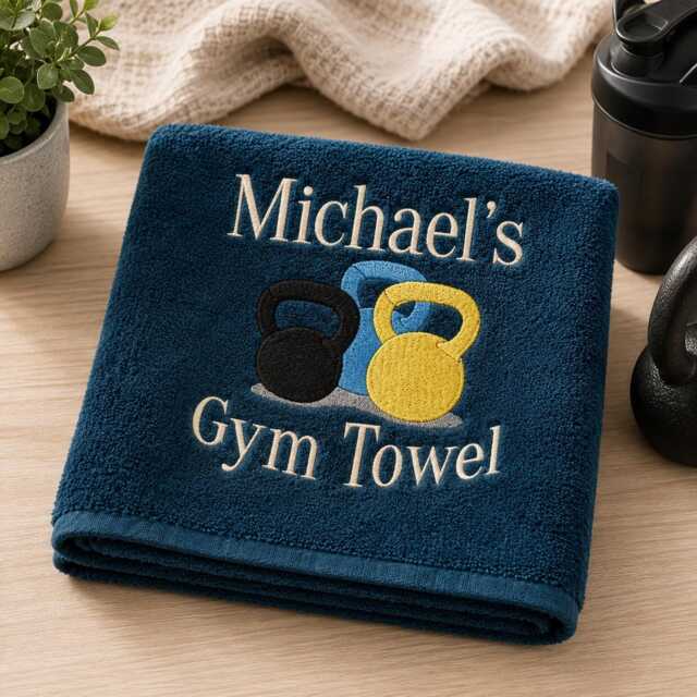 Personalised Gym Towel, Embroidered Kettlebell Design, Custom Name Gift - image 1