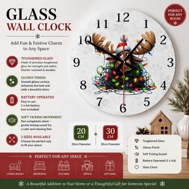 Funny Moose Christmas Wall Clock - Silent Glass Clock, Battery Operated Holiday Decor Gift - image 1