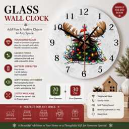 Funny Moose Christmas Wall Clock - Silent Glass Clock, Battery Operated Holiday Decor Gift - thumbnail 1