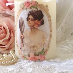 Victorian Lady Flameless Candle Shabby Chic Pink Rose Led Decor - thumbnail 3