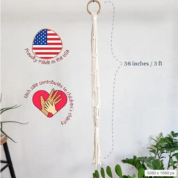 Macrame Chain Plant Hanger With Wooden Ring, Handmade Using Recycled Cotton Cords, Unique Boho Gift For Moms, Sustainable Home D??cor - thumbnail 3