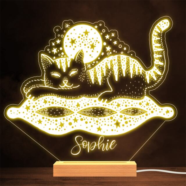 Sleeping Cat On A Pillow With Moon Stars Gothic Mystic Custom Gift Night Light - image 1