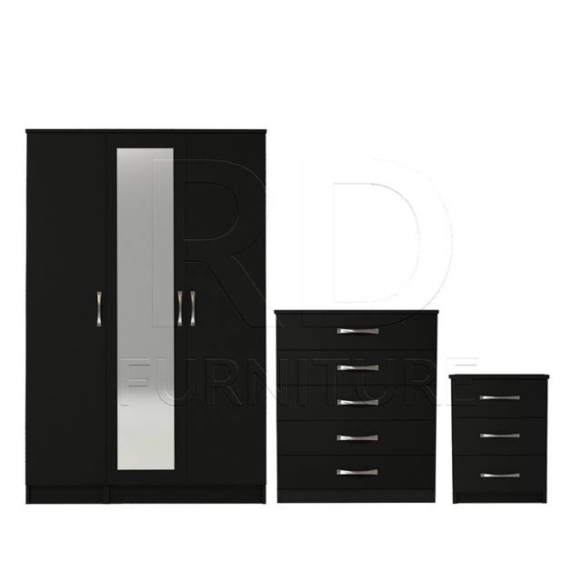 Bedroom Set, Black Set, Wardrobe, Mirrored Chest Of Drawers & Bedside Table. Ready Assembled - image 1