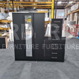 Bedroom Set, Black Set, Wardrobe, Mirrored Chest Of Drawers & Bedside Table. Ready Assembled - thumbnail 2