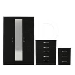 Bedroom Set, Black Set, Wardrobe, Mirrored Chest Of Drawers & Bedside Table. Ready Assembled - thumbnail 1