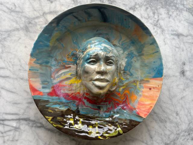 Sky Face Plate Sculpture Wall Hanging Platter Portrait Relief Fruit Bowl Figure Art Pottery Bird Bath Head Of A Woman Halo Marbled Porcelain - image 1