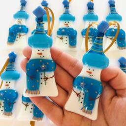 Fused Glass Snowman Decoration With Forget Me Knot Flower - Christmas Decoration, Snowman Cornish - thumbnail 3