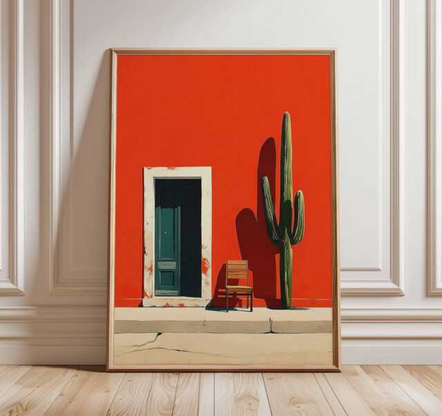 Mexican Wall Art Print, Cactus & Chair Poster, Bold Red Minimal Architecture Artwork, Desert Boho Home Decor For Living Room Or Hallway - image 1