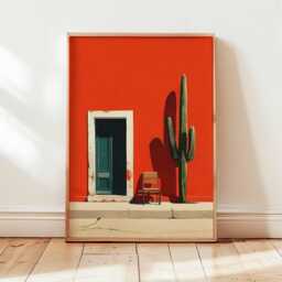 Mexican Wall Art Print, Cactus & Chair Poster, Bold Red Minimal Architecture Artwork, Desert Boho Home Decor For Living Room Or Hallway - thumbnail 3