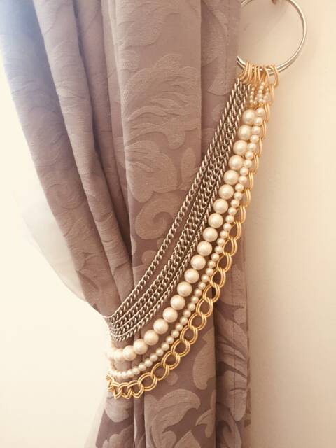 Set Of 2 Silver & Gold Tiebacks, Decorative Curtain Holders, Tie Backs With Silver Chains Faux Pearls, Luxury Home Decor - image 1