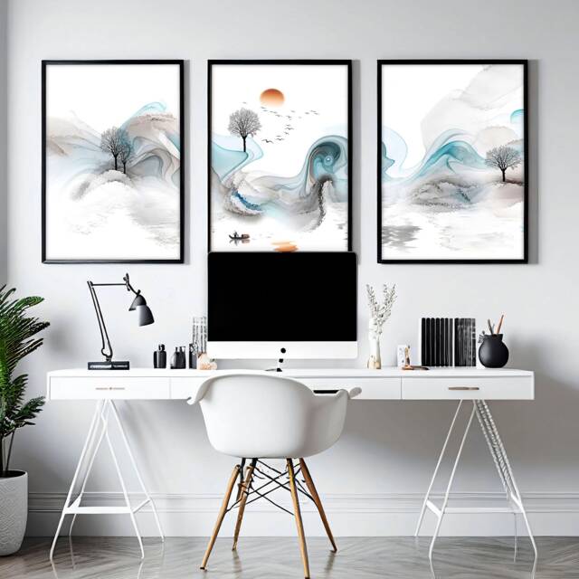 Calming Japanese Office Desk Decor For Men Set Of 3 Framed Panel Wall Art, Teal Large Japandi Designer Landscape Gallery Art - image 1