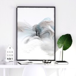 Calming Japanese Office Desk Decor For Men Set Of 3 Framed Panel Wall Art, Teal Large Japandi Designer Landscape Gallery Art - thumbnail 2