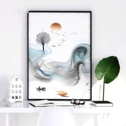 Calming Japanese Office Desk Decor For Men Set Of 3 Framed Panel Wall Art, Teal Large Japandi Designer Landscape Gallery Art - thumbnail 3