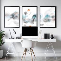 Calming Japanese Office Desk Decor For Men Set Of 3 Framed Panel Wall Art, Teal Large Japandi Designer Landscape Gallery Art - thumbnail 1