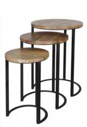 Nest Of 3 Industrial Style Light Mango Wood Tables With Metal Stand