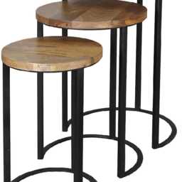 Nest Of 3 Industrial Style Light Mango Wood Tables With Metal Stand - thumbnail 2