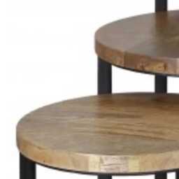 Nest Of 3 Industrial Style Light Mango Wood Tables With Metal Stand - thumbnail 3