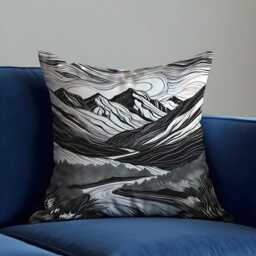 Black & White Mountain Cushion Cover, Monochrome Landscape Throw Pillow Nature Line Art Sofa Decor, Outdoorsy Home Accent - thumbnail 3