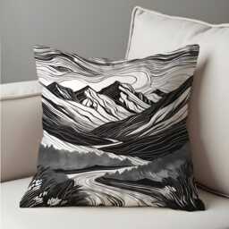 Black & White Mountain Cushion Cover, Monochrome Landscape Throw Pillow Nature Line Art Sofa Decor, Outdoorsy Home Accent - thumbnail 2
