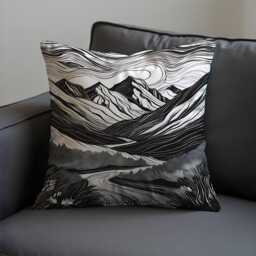 Black & White Mountain Cushion Cover, Monochrome Landscape Throw Pillow Nature Line Art Sofa Decor, Outdoorsy Home Accent - thumbnail 1