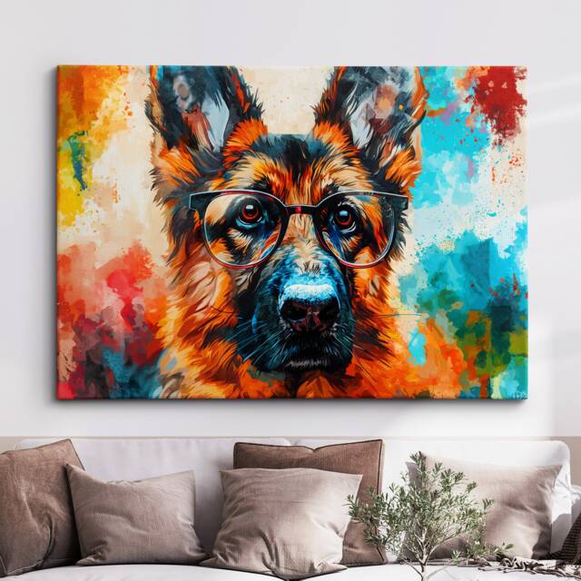 German Shepherd Wearing Glasses Painting Framed Poster Print & Canvas Wall Decor Art Home Living Room Dog Gift Idea Pet - image 1