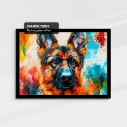 German Shepherd Wearing Glasses Painting Framed Poster Print & Canvas Wall Decor Art Home Living Room Dog Gift Idea Pet - thumbnail 2