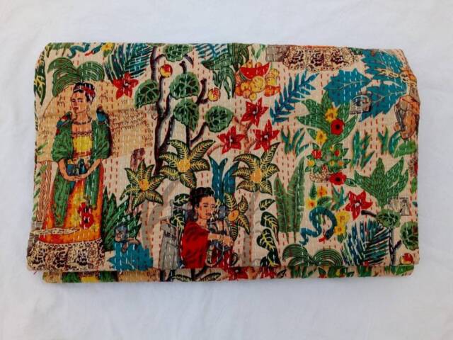 Hand Block Print Kantha Stitch Quilt Indian Cotton Bedspread - image 1