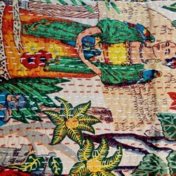 Hand Block Print Kantha Stitch Quilt Indian Cotton Bedspread - thumbnail 2