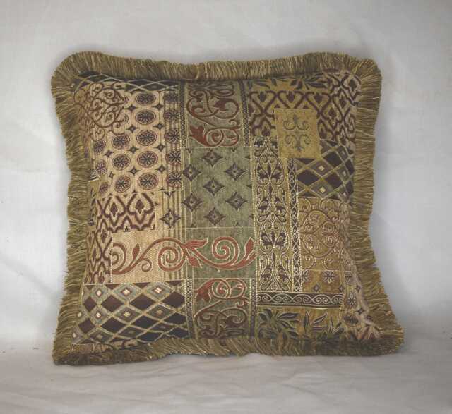 Brown Gold Rust Patchwork Print Chenille Pillows With Fringe For Sofa Chair Couch - image 1
