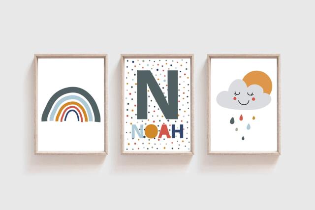 Set Of 3 Boys Nursery Prints, Wall Art, Personalised, Bedroom Decor, Rainbow, Playroom Art - image 1