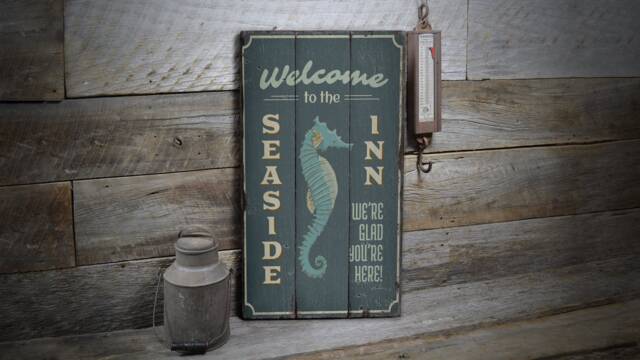 Seaside Inn Sign, Welcome Seaside, Ocean Hotel View, Lover Decor, Wooden Sale Wall Decor - Old Sign - image 1