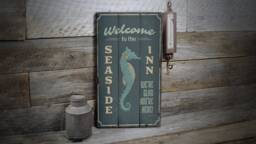 Seaside Inn Sign, Welcome Seaside, Ocean Hotel View, Lover Decor, Wooden Sale Wall Decor - Old Sign - thumbnail 1