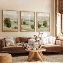 Pastel Countryside Prints Set Neutral Farmhouse Wall Art Triptych - thumbnail 3