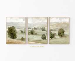 Pastel Countryside Prints Set Neutral Farmhouse Wall Art Triptych - thumbnail 1