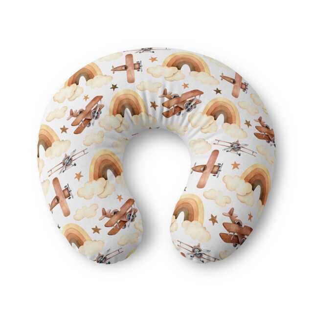 Vintage Airplane Rainbow Nursing Pillow Cover - Neutral Nursery, Boho Clouds - image 1