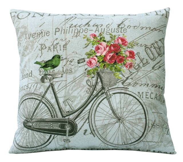 Aqua Backround Vintage Bike Pink Roses & Bird French Natural Cotton 16x16