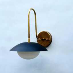 Mid-Century Modern Raw Brass Wall Sconce Lamp Handmade Curved Disk Shade Light - thumbnail 2