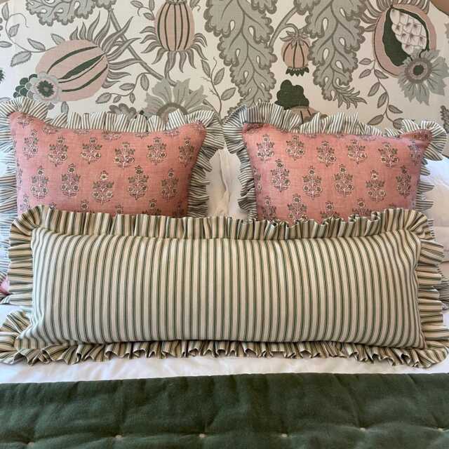 Green Ticking Ruffled Lumbar Cushion Cover, Striped Frilled Bolster Pillow - image 1