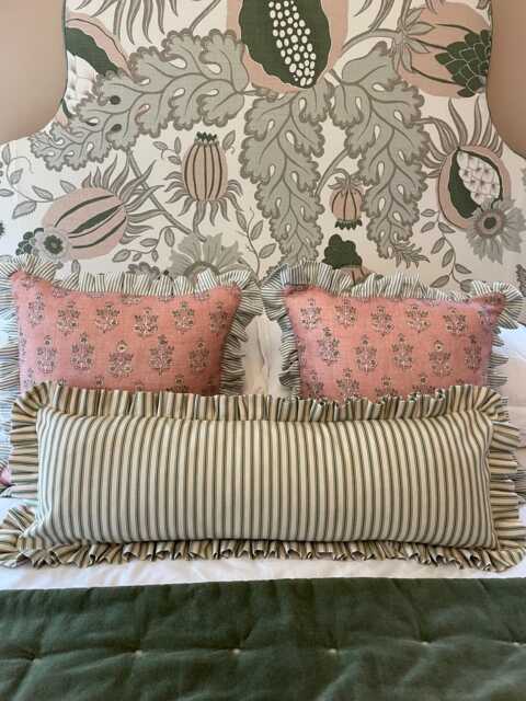 Green Ticking Ruffled Lumbar Cushion Cover, Striped Frilled Bolster Pillow - image 1