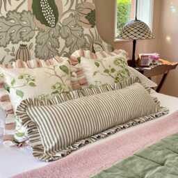 Green Ticking Ruffled Lumbar Cushion Cover, Striped Frilled Bolster Pillow - thumbnail 3
