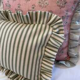 Green Ticking Ruffled Lumbar Cushion Cover, Striped Frilled Bolster Pillow - thumbnail 3