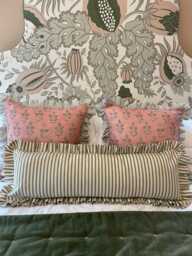 Green Ticking Ruffled Lumbar Cushion Cover, Striped Frilled Bolster Pillow - thumbnail 1