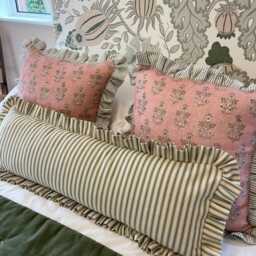 Green Ticking Ruffled Lumbar Cushion Cover, Striped Frilled Bolster Pillow - thumbnail 2