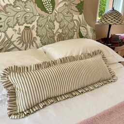 Green Ticking Ruffled Lumbar Cushion Cover, Striped Frilled Bolster Pillow - thumbnail 2