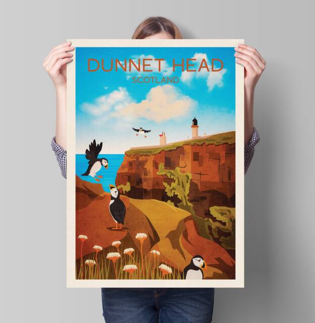 Dunnet Head Travel Poster - Puffin Print Puffins & Lighthouse Thurso Scotland Art A3, A2, A1 - image 1