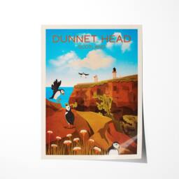 Dunnet Head Travel Poster - Puffin Print Puffins & Lighthouse Thurso Scotland Art A3, A2, A1 - thumbnail 3