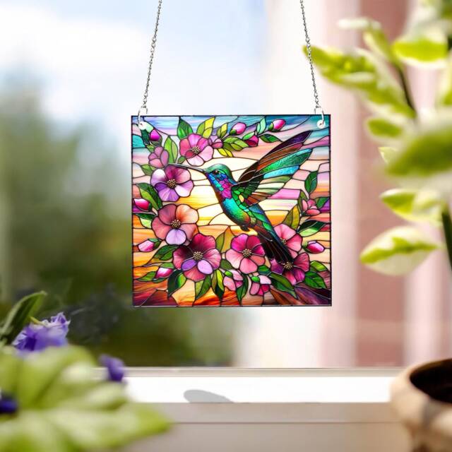 Hummingbird & Flowers Acrylic Window Hanging Bird Lover Gift - image 1