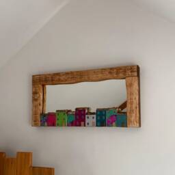 Natural Framed Mirror With Fuchsia Pink, Grass Green, Purple Violet, Silver Cloud, Deep Ocean Teal, Sea Blue & Decorative Print Houses - thumbnail 2