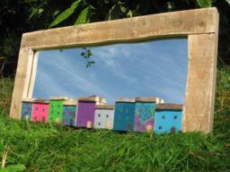 Natural Framed Mirror With Fuchsia Pink, Grass Green, Purple Violet, Silver Cloud, Deep Ocean Teal, Sea Blue & Decorative Print Houses - thumbnail 1